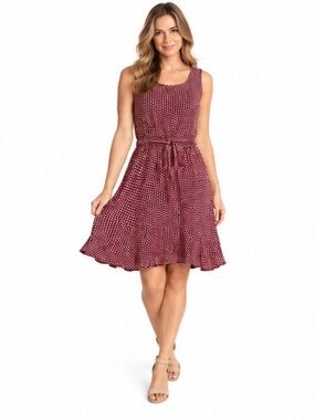 Sleeveless Dark Pink Polka Dot Tie-Waist Casual Dress